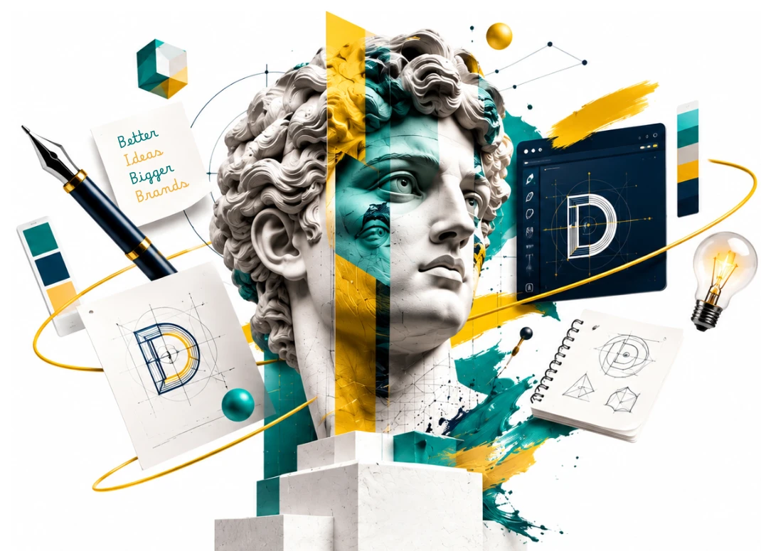 Classical sculpture surrounded by design sketches, colour swatches, and creative tools in teal and yellow