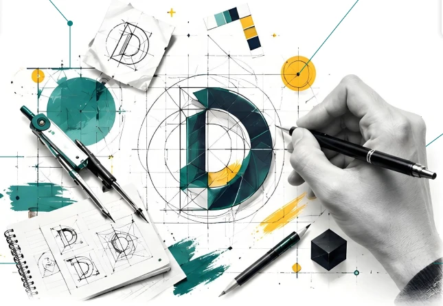 A designer sketching the letter D with drafting tools and creative concepts
