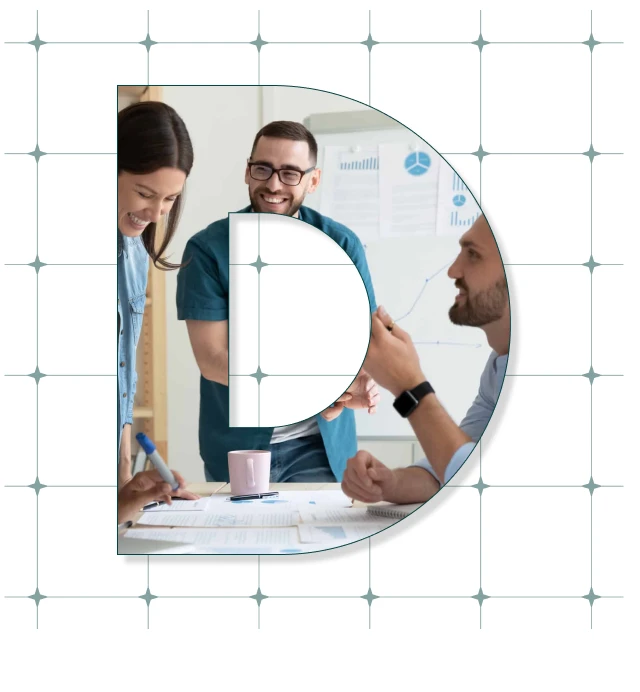 Design Lab team collaborating, framed inside the letter D